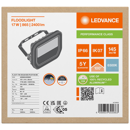Naświetlacz LED Reflektor Zewnętrzny Lampa 17W 2400lm 6500K IP66 Czarny Floodlight Ledvance