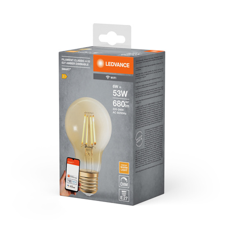 Żarówka LED E27 A60 6W = 53W 2400K Ciepła 680lm 300° Filament LEDVANCE SMART+ WIFI Ściemnialna