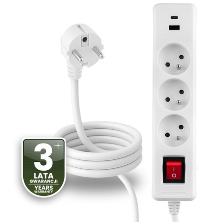 Przedłużacz Sieciowy Kabel z Uziemieniem Listwa Zasilająca 3 Gniazda 1.5m Włącznik ON/OFF Biały USB + USB-C Sznur ELGER Lumiled