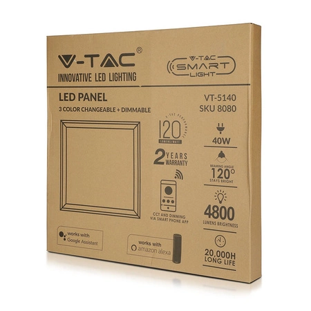 Panel LED 40W CCT 60x60CM Kompatybilny z Alexa i Google Home Ściemnialny Biały VT-5140 V-TAC
