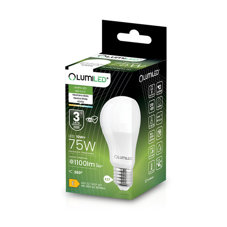Żarówka LED E27 A60 10W = 75W 1100lm 4000K Neutralna 260° LUMILED