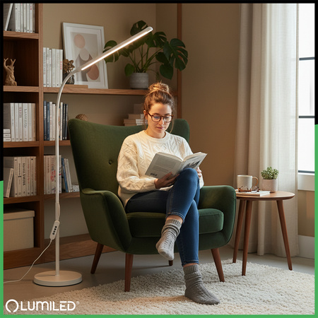 Lampa Stojąca Podłogowa Stołowa LED 14W CCT Ściemnialna z Regulacją Wysokości LONGA 2 Biała LUMILED