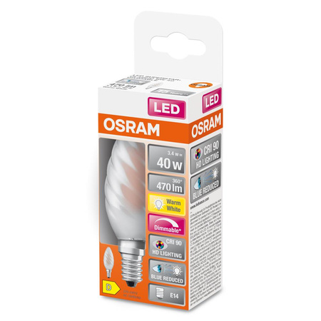 Żarówka LED BW35 Świeczka E14 3.4W = 40W 470lm 2700K Ciepła CRI90 300° Filament Ściemnialna SUPERSTAR PLUS CLASSIC Osram