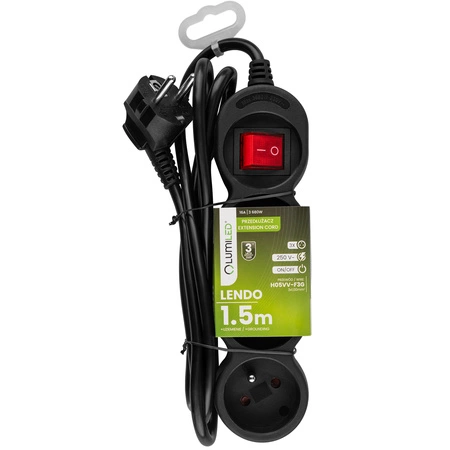 Przedłużacz Sieciowy Kabel z Uziemieniem Listwa Zasilająca 3 Gniazda 1.5m Włącznik ON/OFF Czarny Sznur Lendo Lumiled