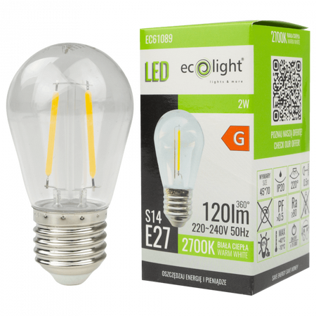 Żarówka LED Edison S14 E27 2W 120lm 2700K Ciepła FILAMENT Ecolight