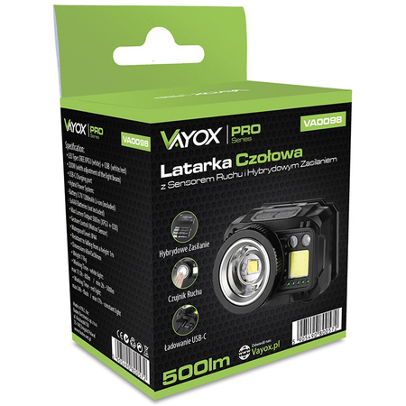 Latarka Czołowa LED XPG3 + COB Zoom Hybrydowe Zasilanie Sensor Ruchu VA0098 Vayox