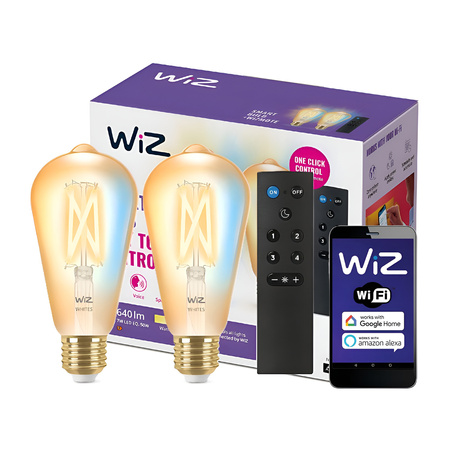 2x Żarówka LED E27 ST64 7W = 50W + Pilot Filament Bursztynowa SMART WiFi WiZ