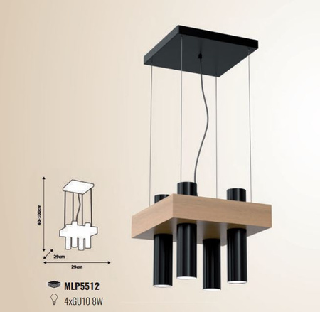 Lampa wisząca sufitowa WEST czarna 4xGU10 MILAGRO kwadrat metal + drewno styl skandynawski