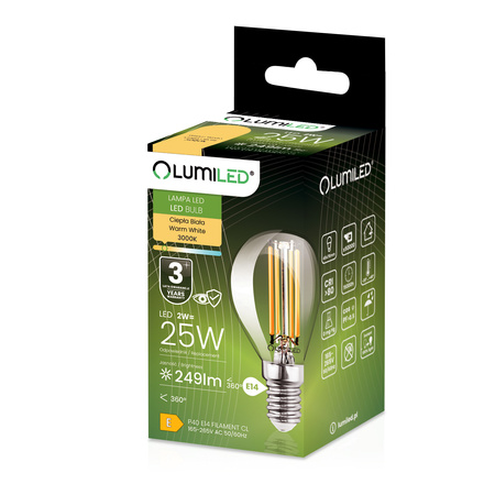 Żarówka LED E14 Kulka P45 2W = 25W 249lm 3000K Ciepła 360° FILAMENT LUMILED