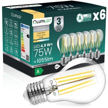 6x Żarówka LED E27 A60 4,9W 1055lm = 75W 2700K Ciepła 360° Filament KLASA A LUMILED