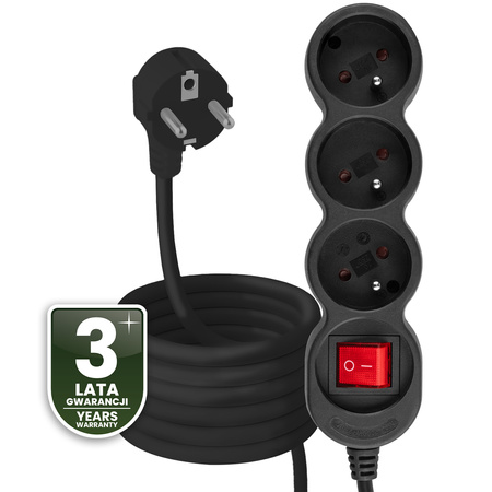 Przedłużacz Sieciowy Kabel z Uziemieniem Listwa Zasilająca 3 Gniazda 5m Włącznik ON/OFF Czarny Sznur Lendo Lumiled