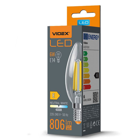 Żarówka LED E14 C35 Świeczka 6W = 60W 806lm 4000K Neutralna 360° FILAMENT Videx