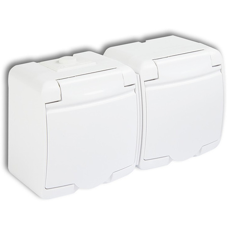 Gniazdko Podwójne Elektryczne Hermetyczne Ścienne Natynkowe z Bolcem IP54 KARLIK Białe