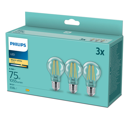 3PAK Żarówka LED E27 A60 8.5W = 75W 1055lm 2700K Ciepła Filament PHILIPS