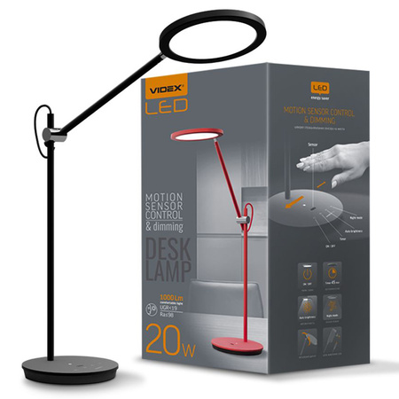 Lampka Biurkowa LED 20W 1450lm 4100K Neutralna CRI98 Czarna Ściemnialna Videx