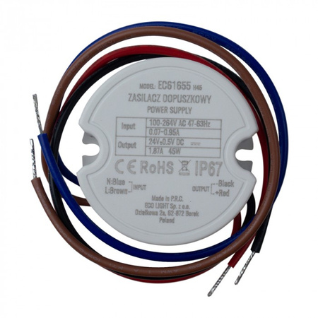 Zasilacz dopuszkowy FI60 do Taśm LED 45W 24V 1.87A Hermetyczny IP67 Ecolight