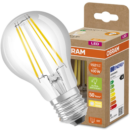 Żarówka LED A60 E27 7,2W = 100W 1521lm 3000K Ciepła 360° Filament OSRAM ULTRA EFFICIENT