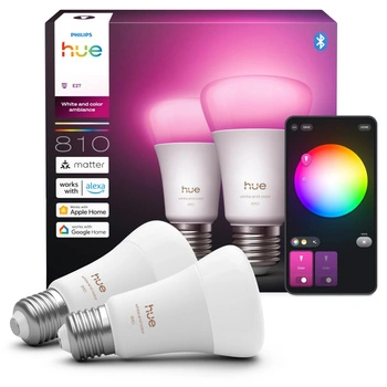 2x Żarówka LED E27 A60 6W = 60W 810lm 1800-20000K CCT + RGB SMART Inteligentna Bluetooth ZigBee White and Color Ambiance Philips HUE
