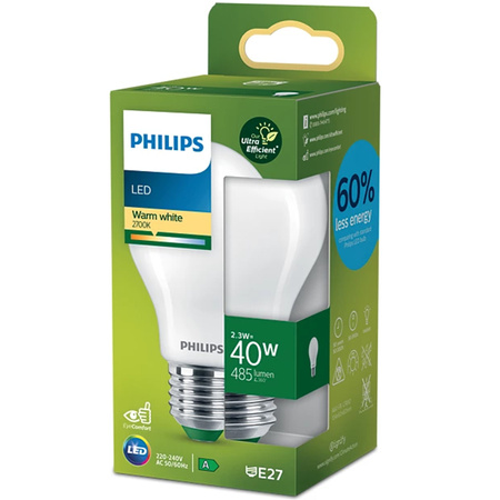 Żarówka LED E27 A60 2.3W = 40W 485lm 210lm/W 2700K Ciepła 300° KLASA A UltraEfficient Philips