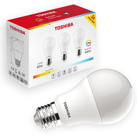 3PAK Żarówka LED E27 A60 8.5W = 60W 806lm 3000K Ciepła TOSHIBA