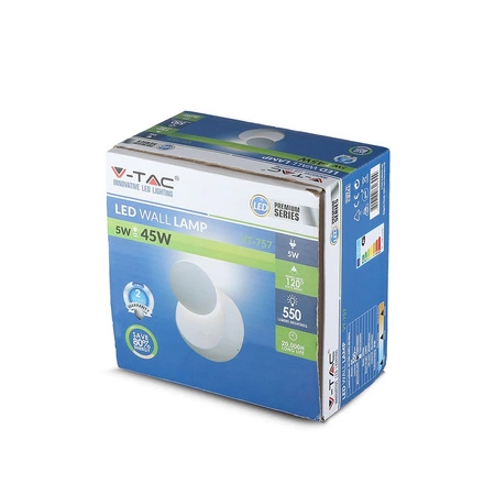 Kinkiet ścienny LED 5W 3000K IP20 BRIDGELUX CHIP Biały Okrągły VT-757 V-TAC