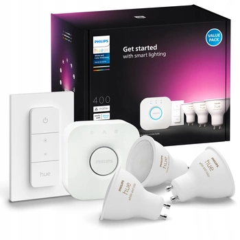 3PAK Żarówka LED GU10 4.2W CCT RGB PHILIPS HUE White & COLOR Ambiance Bluetooth Zigbee + Mostek Hue Bridge + Przełącznik Dimmer Switch