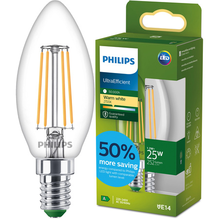 Żarówka LED E14 Świeczka B35 1.2W = 25W 252lm 210lm/W 2700K Ciepła 300° KLASA A UltraEfficient Philips