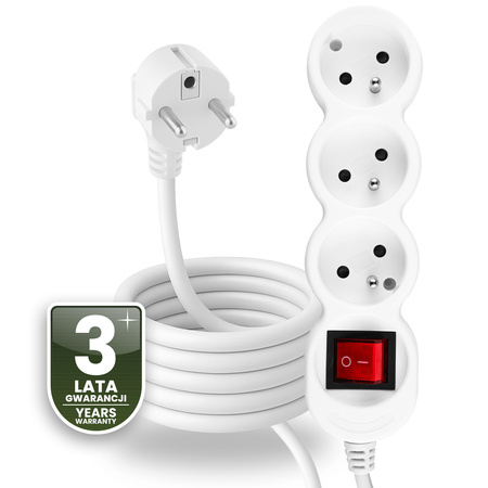 Przedłużacz Sieciowy Kabel z Uziemieniem Listwa Zasilająca 3 Gniazda 3m Włącznik ON/OFF Biały Sznur Lendo Lumiled
