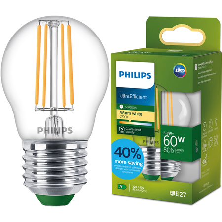Żarówka LED E27 Kulka P45 3.8W = 60W 806lm 212lm/W 2700K Ciepła 300° KLASA A UltraEfficient Philips