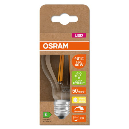 Żarówka LED A60 E27 2.6W = 40W 481lm 2700K Ciepła 300° Ściemnialna CLASSIC Osram