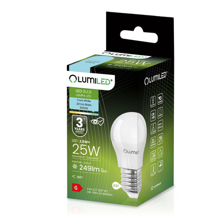 Żarówka LED E27 Kulka P45 2,5W = 25W 249lm 6500K Zimna 180° LUMILED