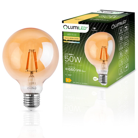 Żarówka LED E27 Kula G95 6W = 50W 660lm 2000K Ciepła 360° BURSZTYNOWA FILAMENT LUMILED