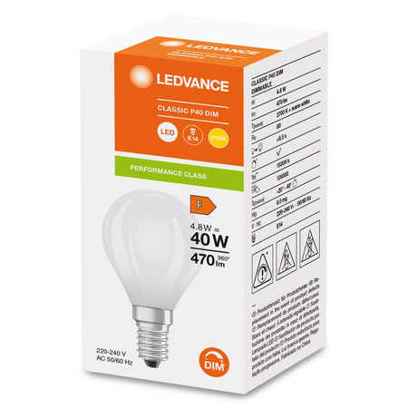 Żarówka LED P45 E14 4.8W = 40W 470lm 2700K Ciepła Biała FILAMENT ŚCIEMNIALNA LEDVANCE