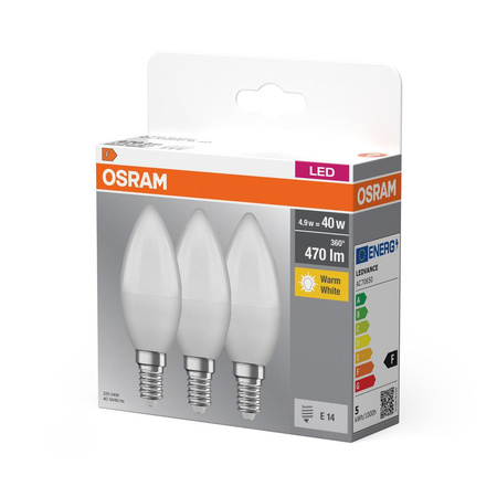 3x Żarówka LED B37 Świeczka E14 4.9W = 40W 470lm 2700K Ciepła 180° BASE Osram