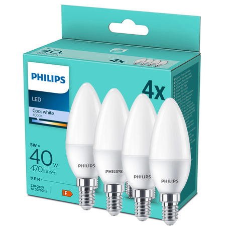 4PAK Żarówka LED E14 B35 4,9W = 40W 470lm 4000K Neutralna Mleczny PHILIPS