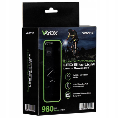 Latarka Lampka Przednia Rowerowa LED USB-C Uchwyt 6 Trybów 960lm IPX6 Funkcja Powerbank VAYOX