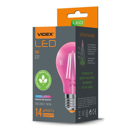 Żarówka LED E27 A60 8W 1200K Ciepła 360° DO WZROSTU ROŚLIN FILAMENT Videx