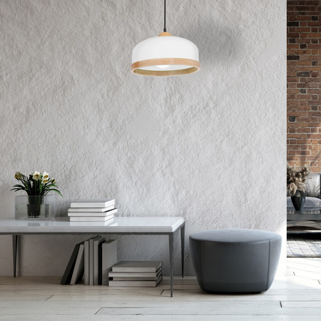 Lampa wisząca STUDIO 1xE27 Klasyczny Klosz Drewniane Wykończenie Biała MLP8848 Milagro Metal + Drewno