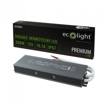Zasilacz do Taśm LED Hermetyczny 200W 12V 1.66A IP67 PREMIUM Ecolight