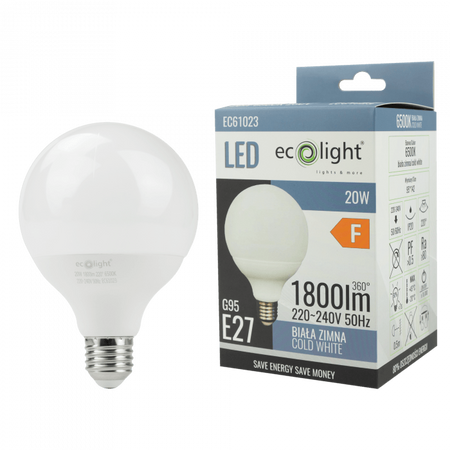 Żarówka LED Kula G95 E27 20W 1800lm 6500K Zimna Ecolight