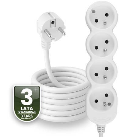 Przedłużacz Sieciowy Kabel z Uziemieniem Listwa Zasilająca 4 Gniazda 5m Biały Sznur Lendo Lumiled