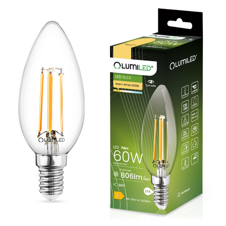 Żarówka LED E14 Świeczka B35 7W = 60W 806lm 3000K Ciepła 360° FILAMENT LUMILED