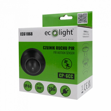 Czujnik Ruchu i Zmierzchu PIR IP44 Podtynkowy / Natynkowy Czarny 20m 360° CP Ecolight