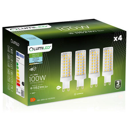 Zestaw 4x Żarówka LED G9 KAPSUŁKA 12W = 100W 1152lm 6500K Zimna 360° LUMILED