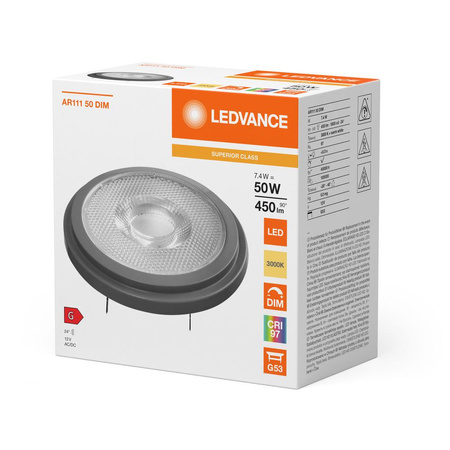 Żarówka LED AR111 G53 7.4W = 50W 450lm 3000K Ciepła Biała 12V ŚCIEMNIALNA LEDVANCE