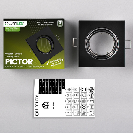 Oprawa HALOGENOWA Podtynkowa Ruchoma Kwadrat PICTOR Czarna Blacha MR16 GU10