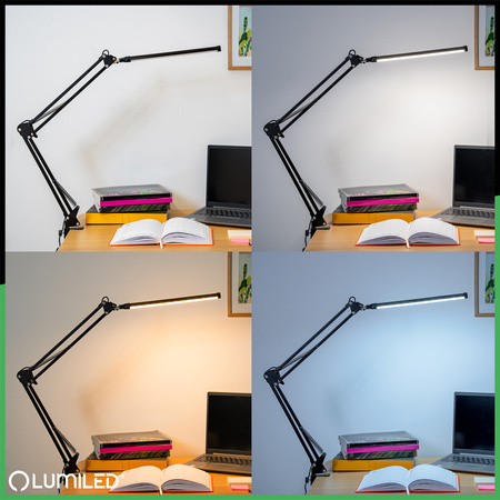 ZESTAW Lampka Biurkowa LED 8W CCT USB Ściemnialna COSMI Czarna z uchwytem + Adapter USB 5V/1A DC LUMILED