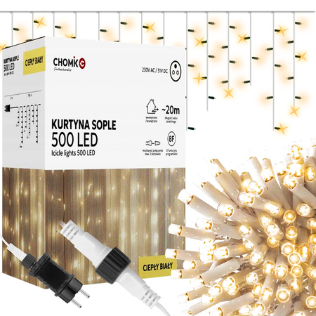 Kurtyna Świetlna Wewnętrzna/Zewnętrzna Lampki SOPLE 500LED Ciepły Biały 3+20m 