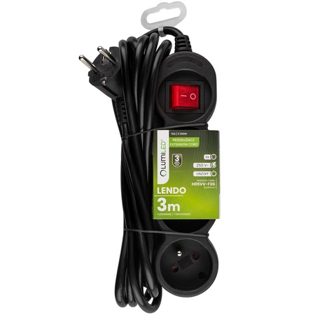 Przedłużacz Sieciowy Kabel z Uziemieniem Listwa Zasilająca 3 Gniazda 3m Włącznik ON/OFF Czarny Sznur Lendo Lumiled