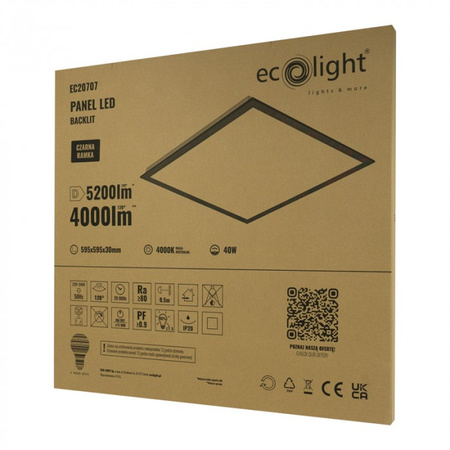 Panel LED 60x60 Kaseton Wpuszczany Podtynkowy 40W 5200lm 4000K Neutralna Czarny Backlit Ecolight